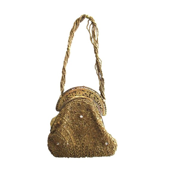 Antique Gold Beaded Purse Bag Brass Frame Silk Lining - Picture 4 of 10